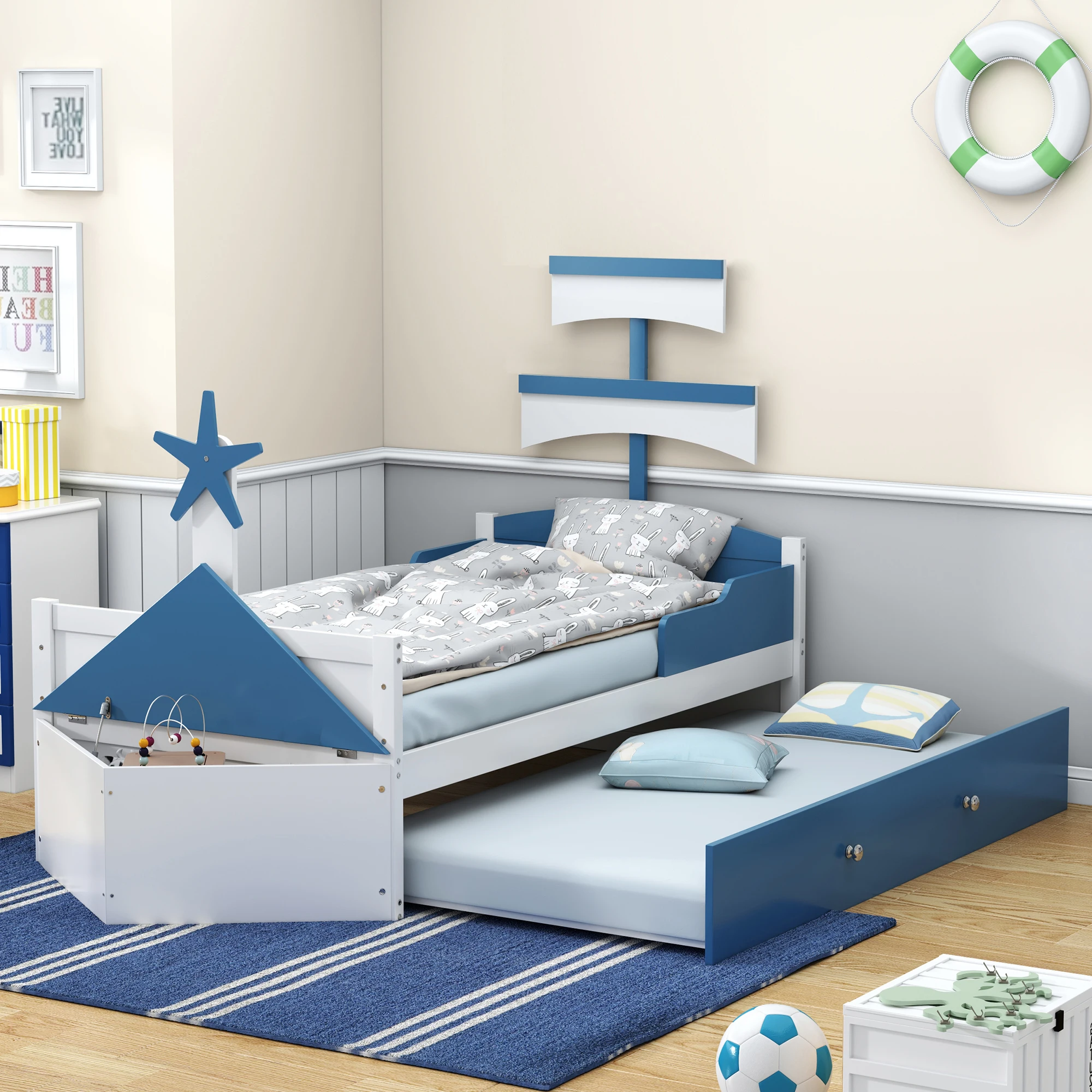 Children's bed from wood 90x200 cm, sailboat shape, with pull-out bed and storage space at the end of the bed, Blue