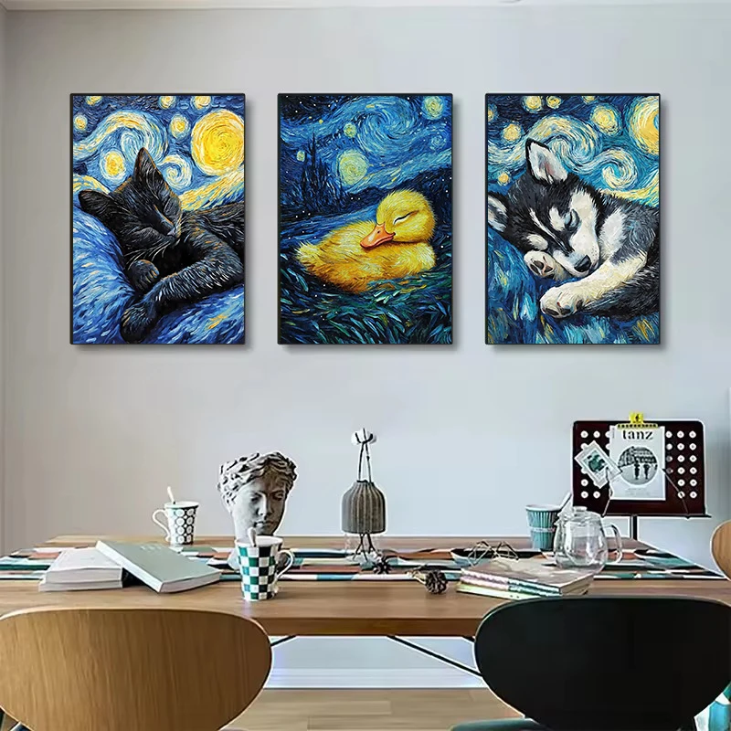 Cute Animals Starry Night Poster Cat Dog Axolotl Platypus Canvas Painting Abstract Wall Art Exhibition Living Room Home Decor