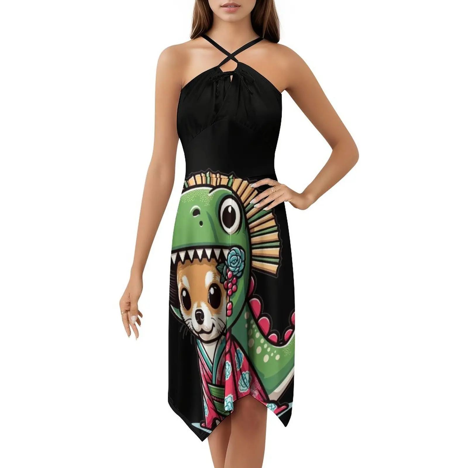 Pup Folly Abito senza maniche bohémien Multi-stampa Abito da festa per le vacanze al mare Chihuahua Dinosauro Grafica Divertimento Abiti da festa per cani Dino