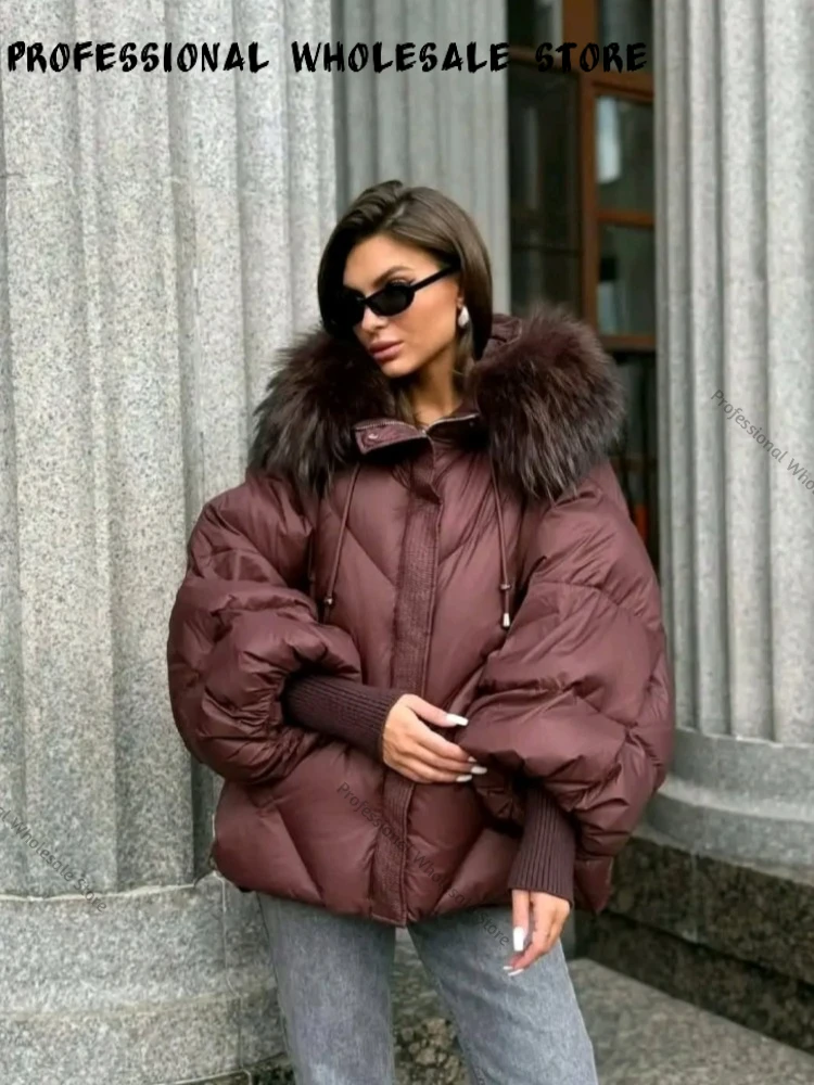 Puffer Jacket Women Winter Down Jacket Large Real Fur Hooded Thicken Warm Knitted Sleeve Real Fur Coat White Duck Down Mid Parka