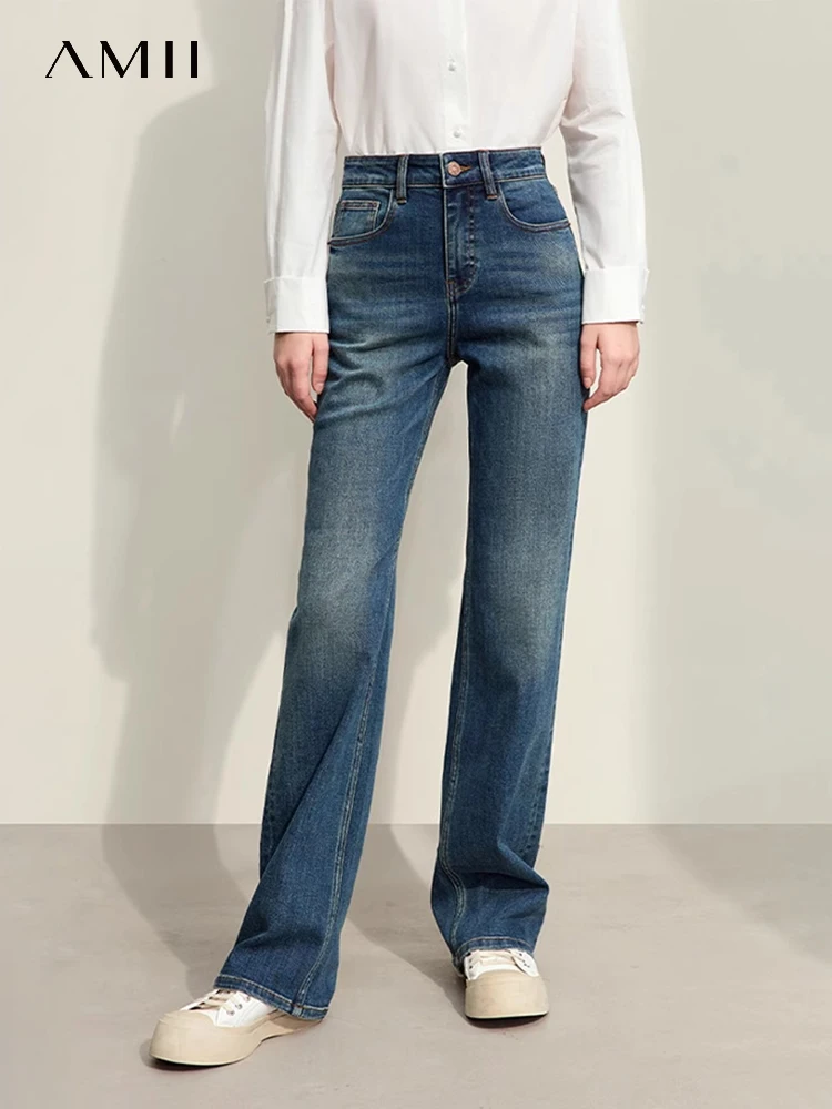 Amii Minimalism Straight Jeans For Women Spring New 2024 Casual Versatile Denim Style Custom Leather Brand Retro Pants 12441248