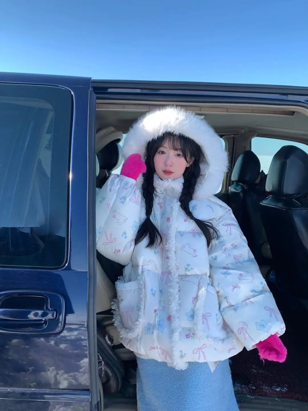 Kawaii Y2K طويلة الأكمام مقنعين سترات فو الفراء طوق معطف الكرتون طباعة المرأة عادية لطيف الحلو البلوز فتاة ملابس خارجية