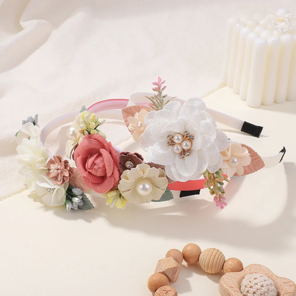 Elegant Handmade Flower Hair Hoop for Baby Girl Boutique Triple Satin Flowers with Rhinestone Pearl Wedding Princess Headbands