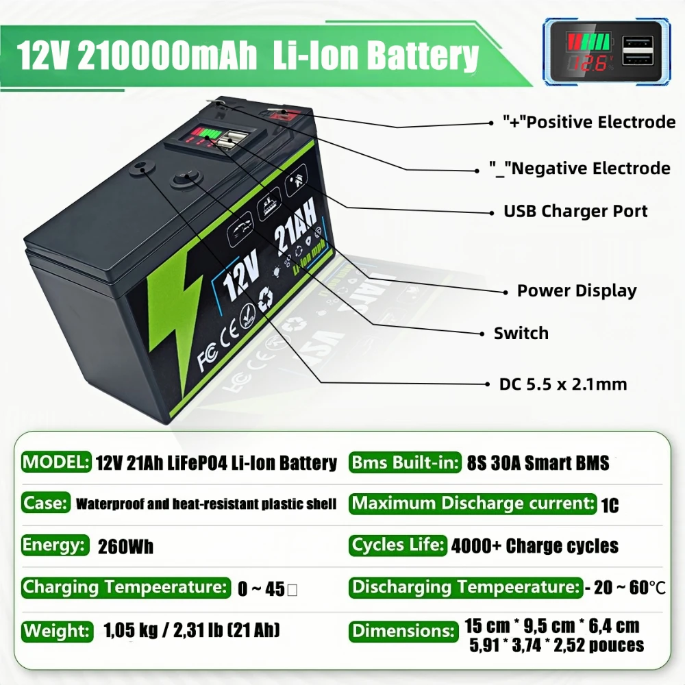 

12V 21Ah Lithium LiFePO4 Deep Cycle Battery, 4000+ Cycles Rechargeable Battery for Solar/Wind Power,Small UPS,Lighting,and More