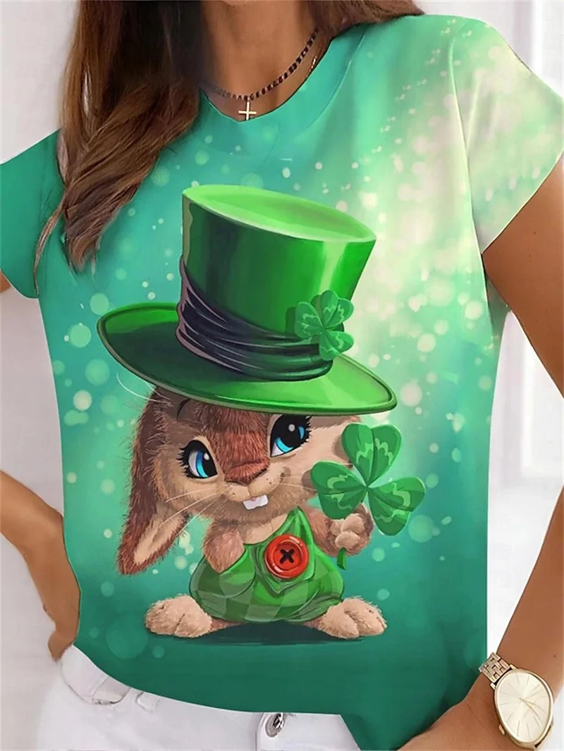 Women's St.Patrick's Day Shamrock T Shirt Tops New In Short Sleeve Crew Neck Casual Green Tshirts Clothes Funny Rabbit Tshirts