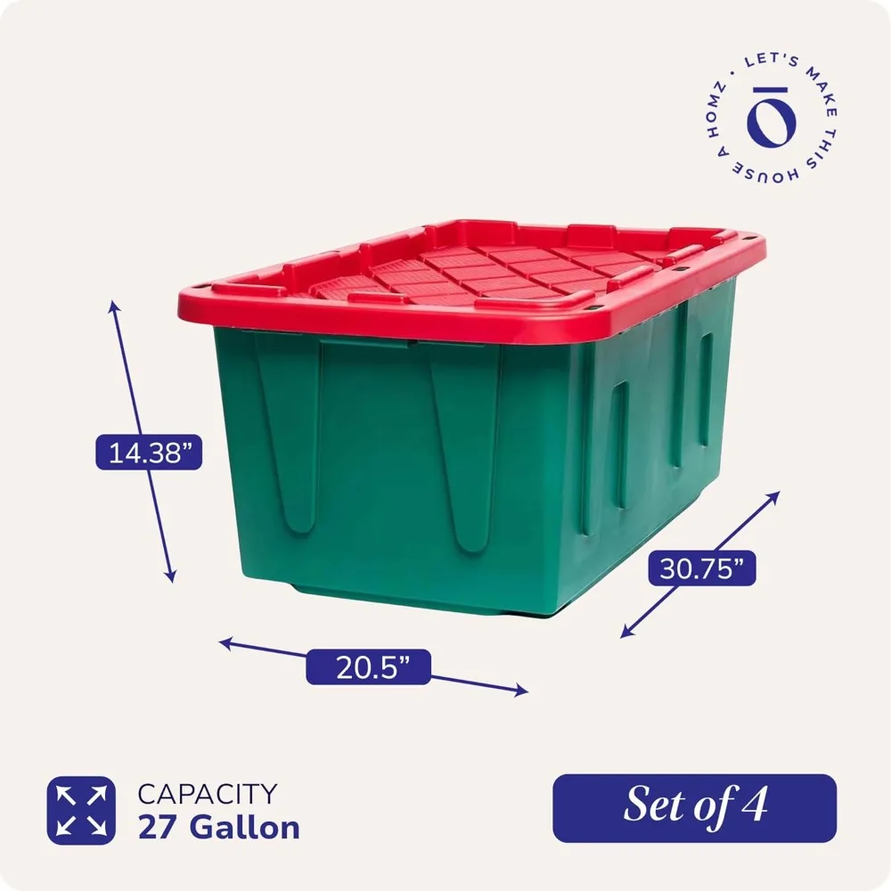 デュラビルト製、頑丈なプラスチック製収納ボックス（蓋付き、27ガロン、赤/緑）4個セット - ホリデー、屋根裏用の積み重ね可能なコンテナボックス