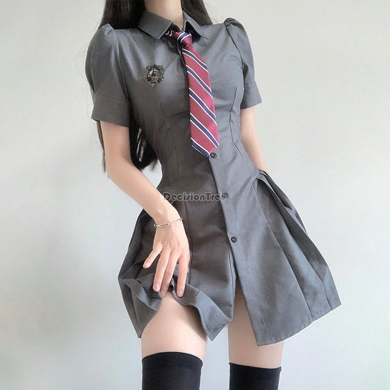 

New Improved Korea Style Jk Uniform Dress Grey Shirt Pleated Skirt Uniform Preppy Slim Retro Daily Women Jk Dress Set