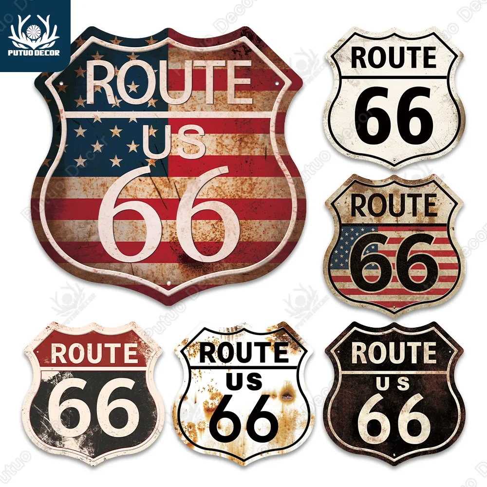 

Putuo Decor Route 66 America Tin Signs Vintage Metal Shield Shaped Plaques for Garage Man Cave Club Pub Bar Home Wall Art Decor