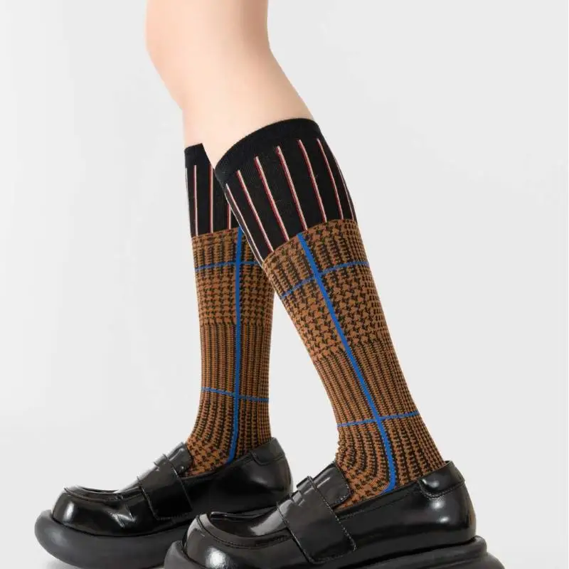 Retro Plaid Knee High Socks American Vintage Style Color Block Houndstooth Pattern Early Fall Socks