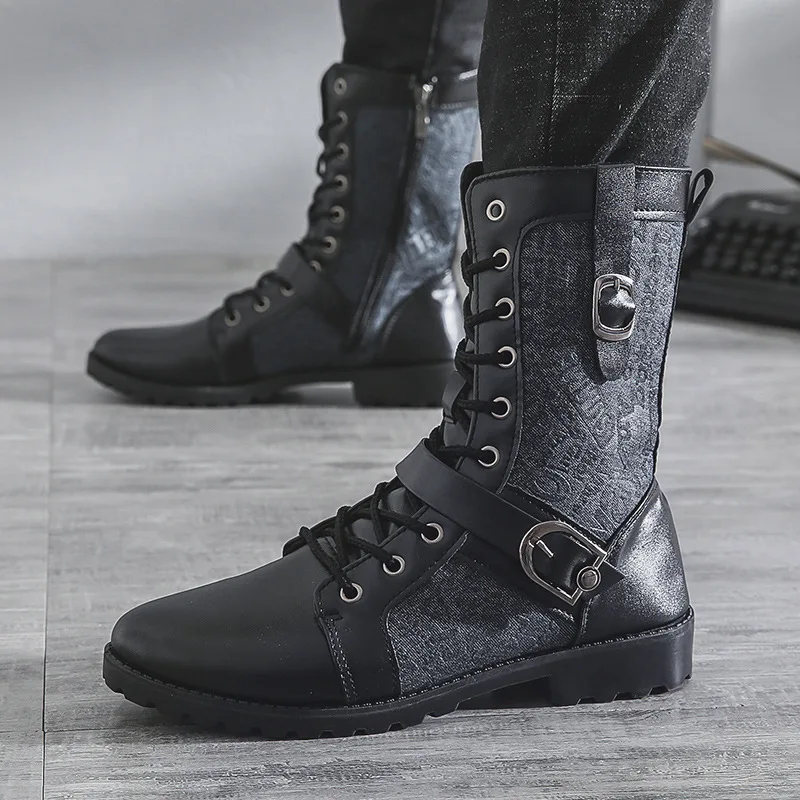Autumn and winter men's boots trend Korean version men's leather boots with fleece warm workwear shoes mid high top men's boots