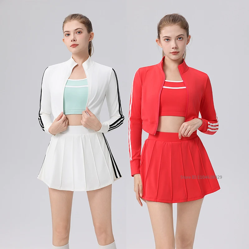 Women Striped Tennis Yoga Jacket Long Sleeve Short Coat A-lined Gym Sport Tennis Skirt Workout Fitness Pleated Skirt with Short