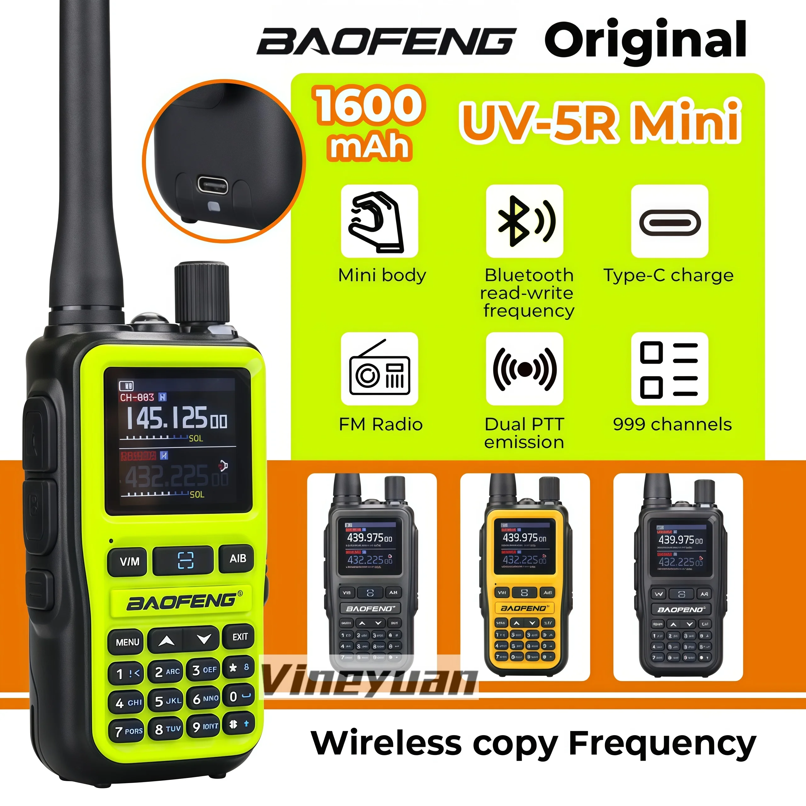 Baofeng Original UV-5R Mini Dual Band Dual PTT Type-C Charge Walkie Talkie 5RMINI Air Band Rx 5W Compact VOX FM Amateur Radio