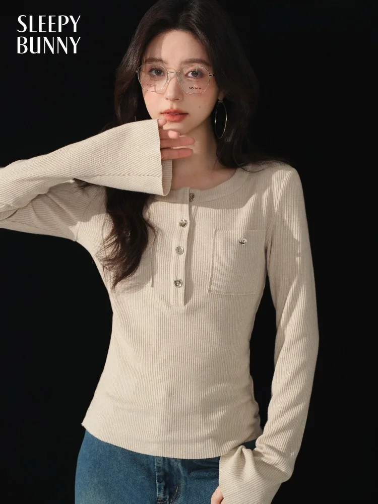 Women Crew Neck Stretch Ribbed Knit Top Lady Spring Casual Slim Fit Blouse Elegant Versatile Elastic T Shirt Daily Office Wear