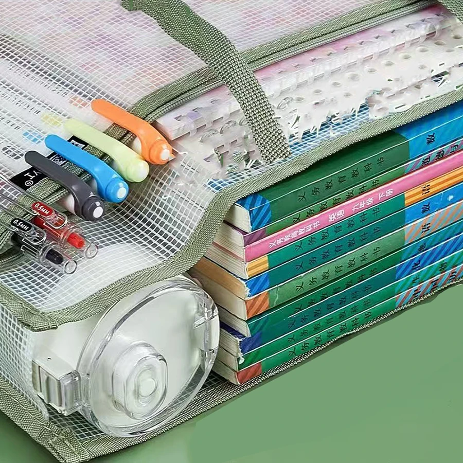 Spacious Organizer A4 Pocket Folders Widen Double-Layer Mesh File Storage Bag With Handle Transparent File Bag Large Capacity