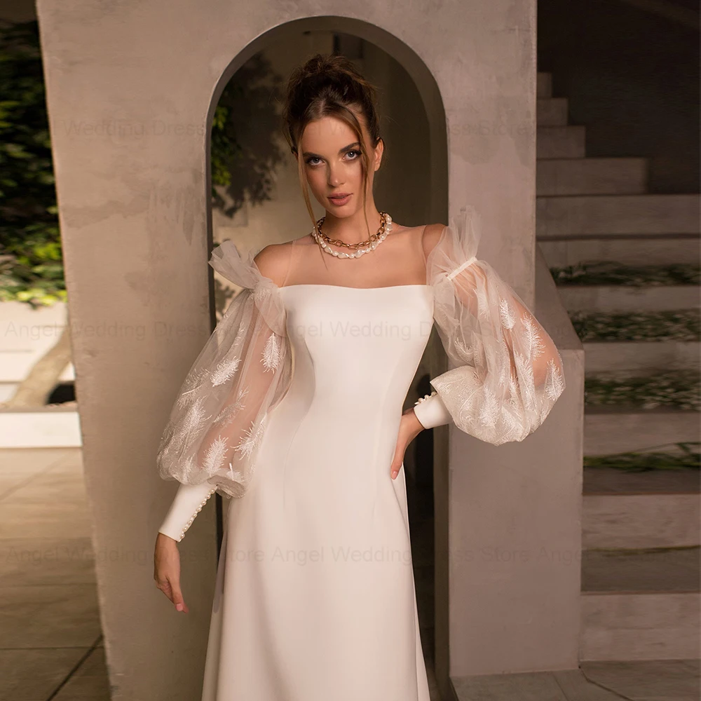 Anjo personalizado elegante sereia vestido de casamento lanterna manga cetim robe de soirée penas rendas trem varredura festa de noiva 2025