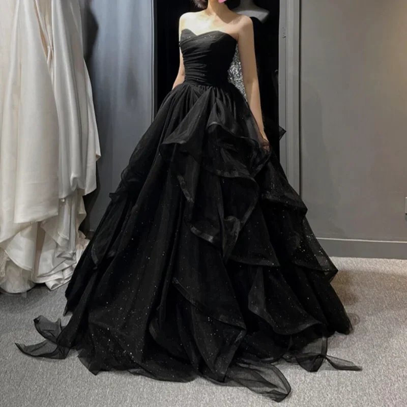 

Temperament Black Elegant Wedding Party Dresses Strapless Tiered Draped Prom Robe 2024 New Ball Gown Formal Dress Women Vestidos