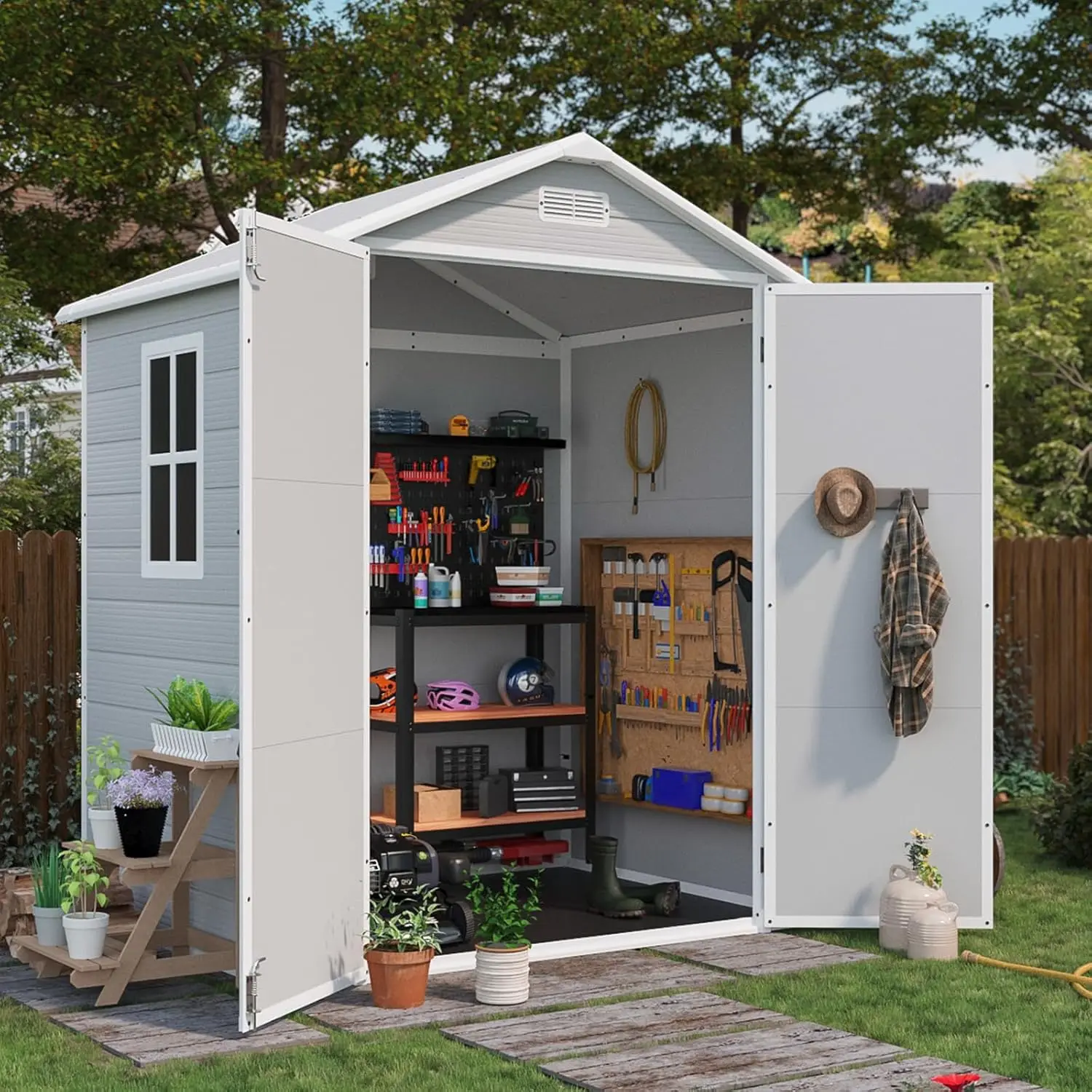 6 x 4 FT Resin Outdoor Storage Shed with Floor, Plastic Outside Sheds with Window, Garden Tool Shed with Lockable Door, Custom