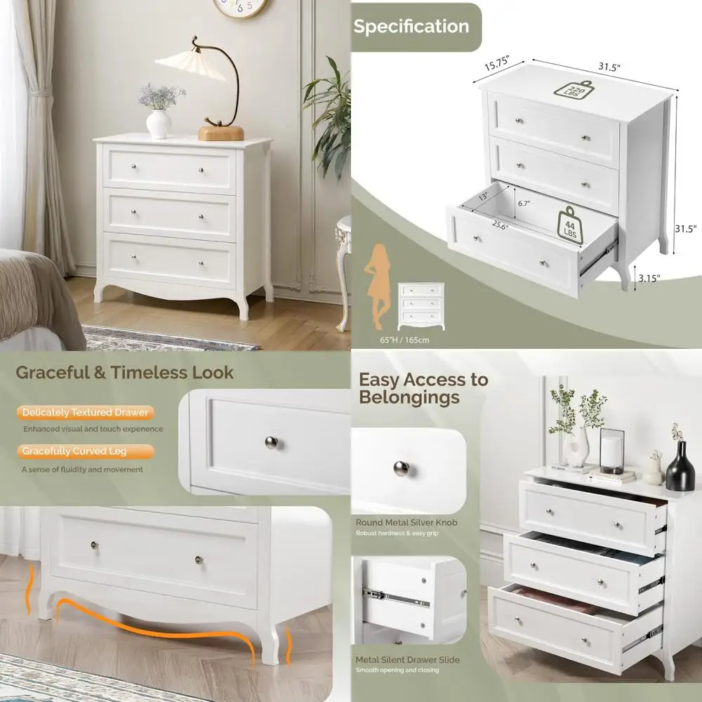 31.5 inch white wooden 3-drawer nightstand for bedroom