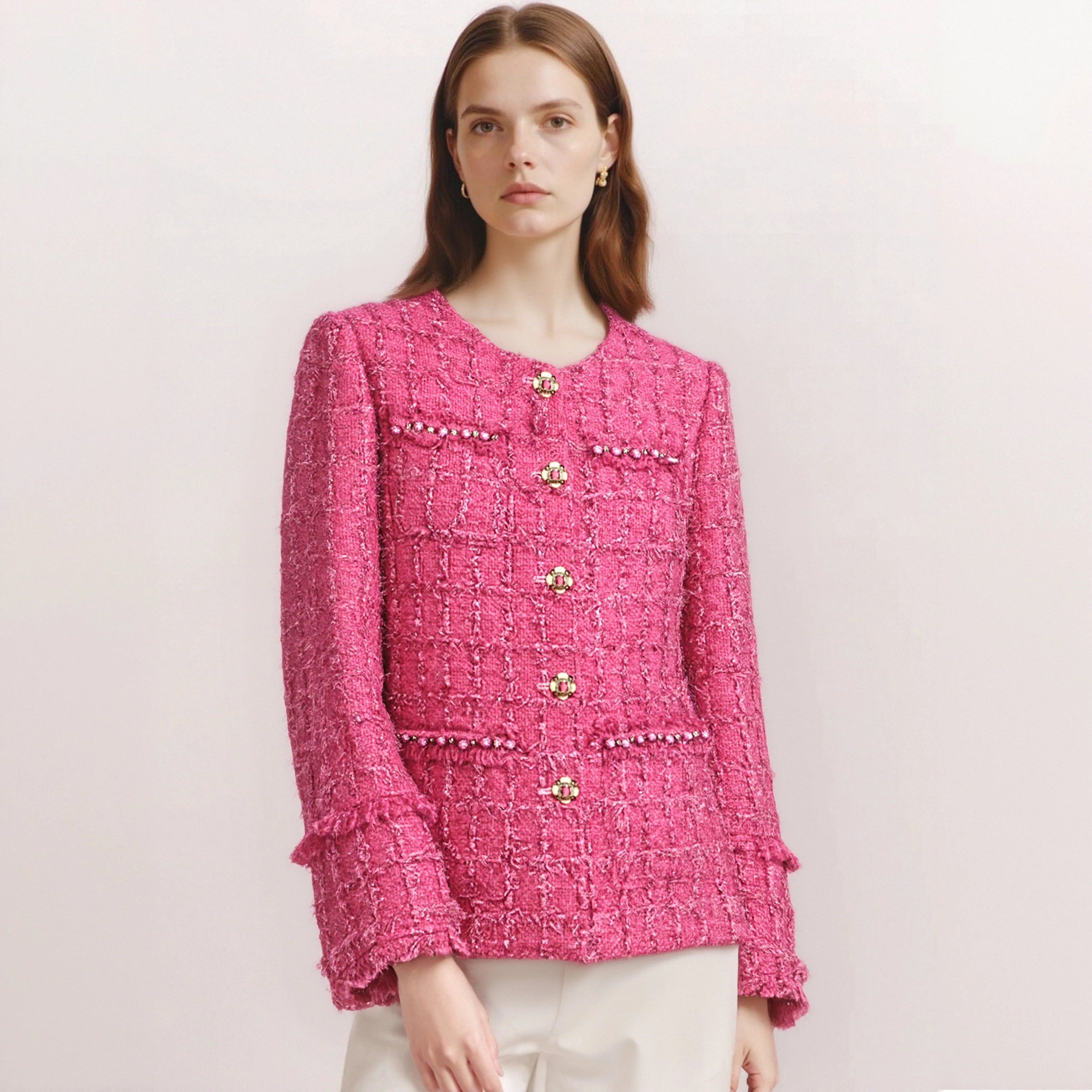 

Шерстяная куртка ручной работы с кисточками из бисера, элитная, сверхпрочная, небольшой ароматный стиль, темпераментный дизайн, уменьшающий возраст, розовая