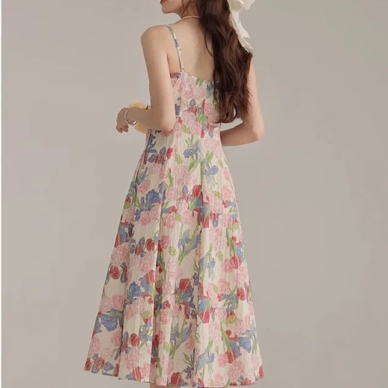 Vestido largo Retro con estampado Floral para mujer, traje con cuello Halter, estilo veraniego