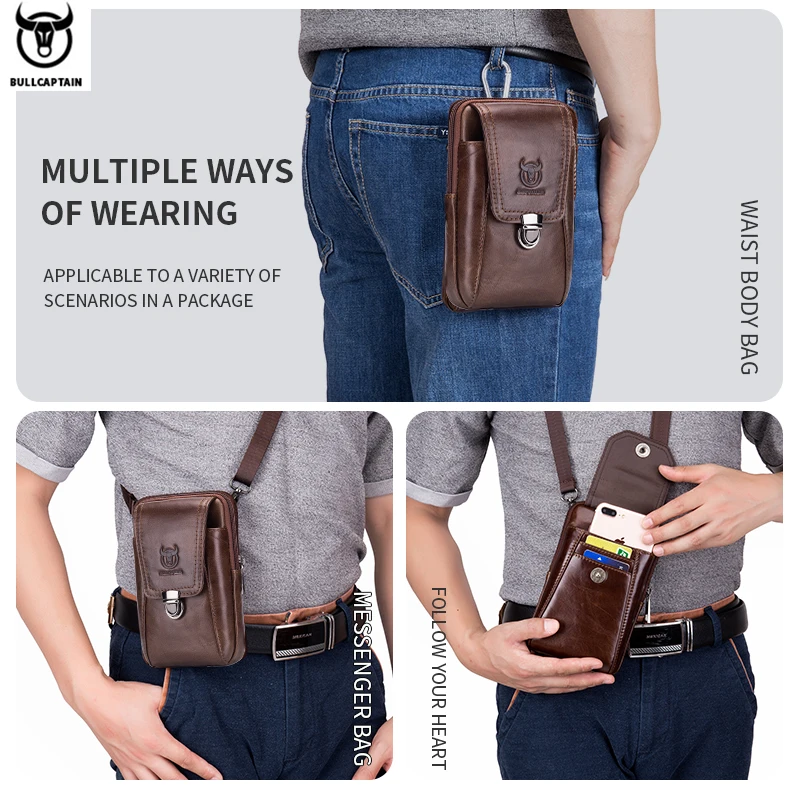 BULLCAPTAIN  Genuine Leather Vintage Waist Packs Men Travel Fanny Pack Belt Bum shoulder Bag Waist Bag Mobile Phone Pouch