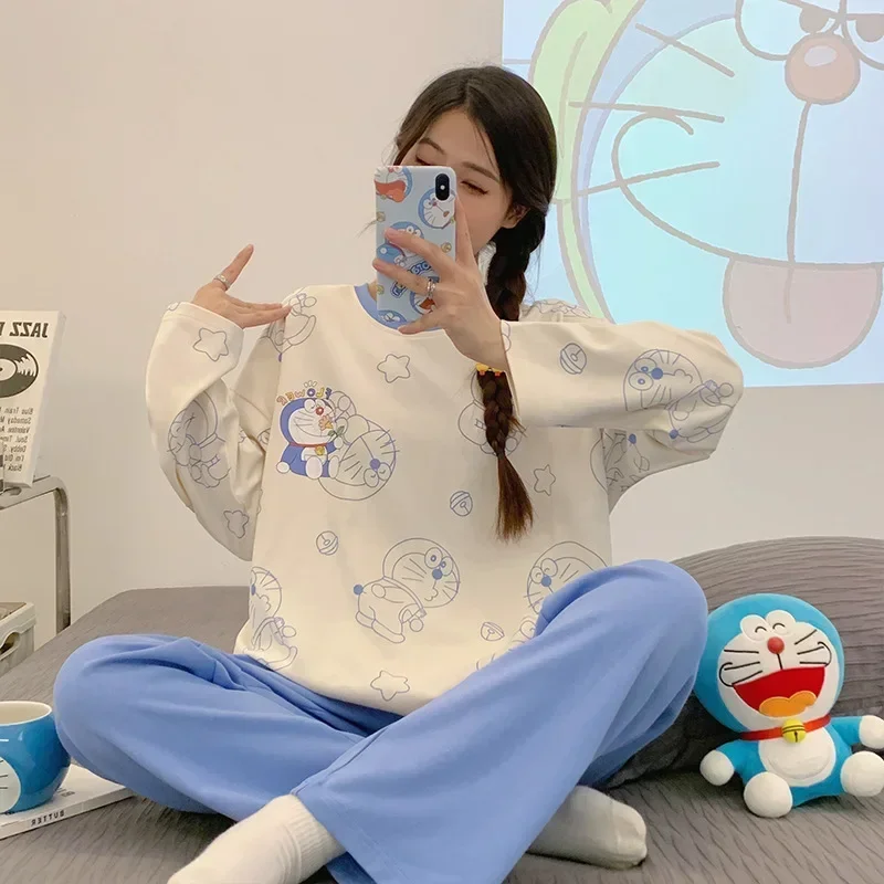 

Doraemon Pajama Female Spring and Autumn Long Sleeve Trouser Suit Cartoon Student Home clothing sleepwear nightgown