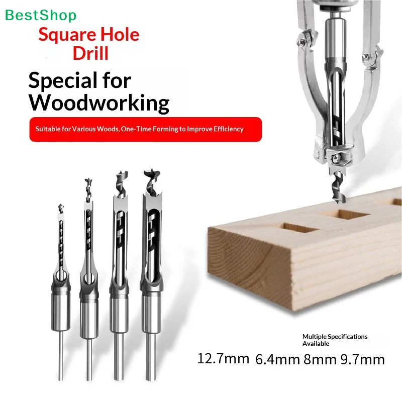

✔Square Hole Drill Bit,Woodworking Mortising Chisel Drill Bits for Square Hole Cutting in Wood(6.4/8/9.5/12.7mm)