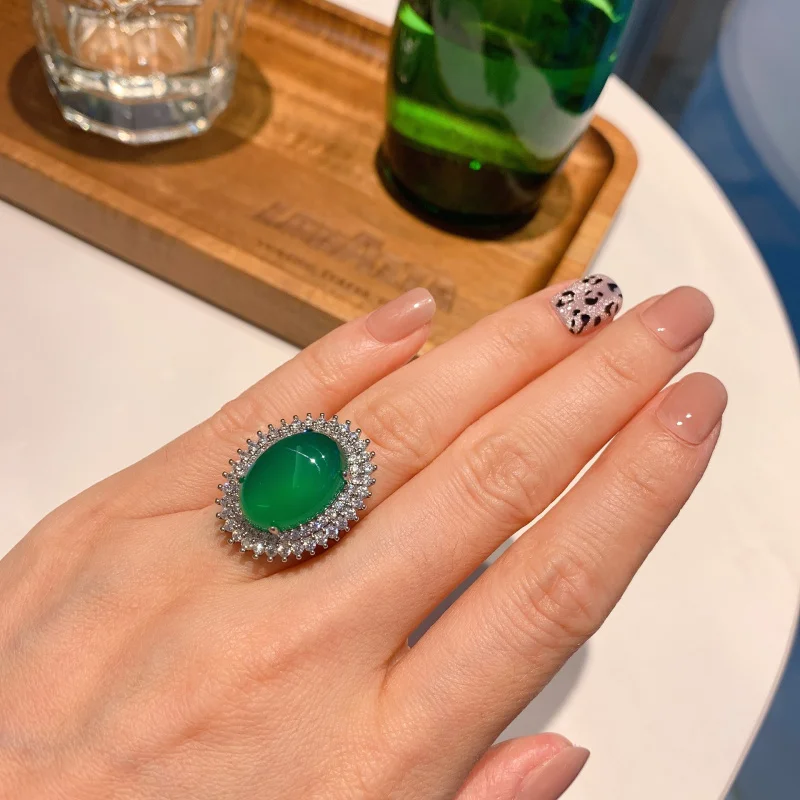 Jewelry Ice-like Fluorescent Denier-Shaped Chalcedony Hanging Ring Women's Elegant Birthday Gift Wholesale 13*18