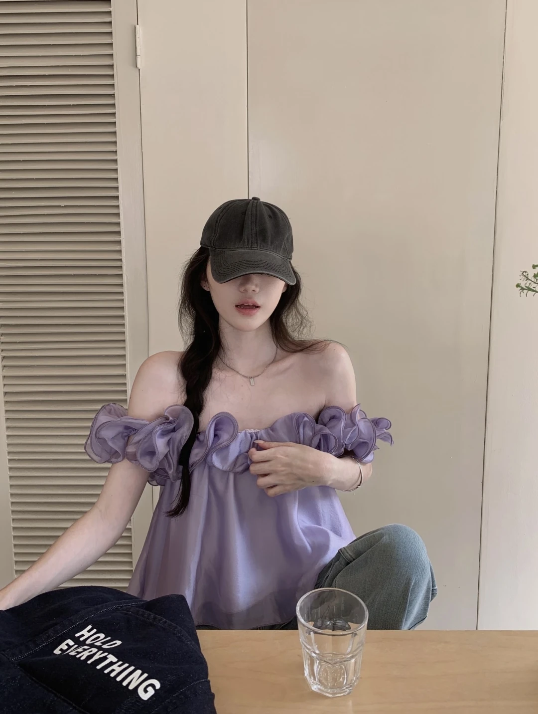 

Kumikumi Design Purple Lace Trim One Shoulder Short Sleeve Women's Chiffon Top Slimming Versatile Summer Fashion Shirt