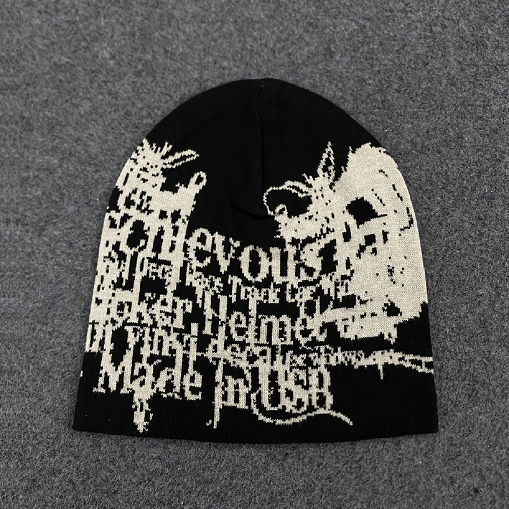 Gothic Dragon Print Letter Graphic Beanie Women 2026 Black Y2K Punk Streetwear Hat