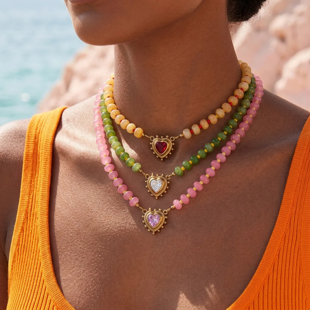 Imitation Jade Beaded Necklace Vintage Heart Zirconia Pendant Choker Multicolor Stone Bead Stackable Necklaces for Women Beach