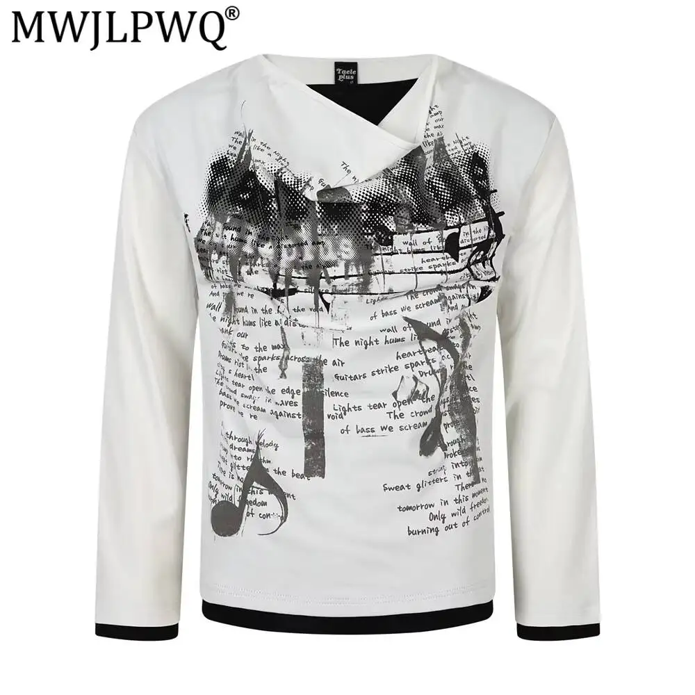 MWJLPWQ Stylish Unique Round-Neck Long-Sleeve T-Shirt For Men Spring Autumn Style Graffiti Pattern Faux Two-Piece Tops 17333
