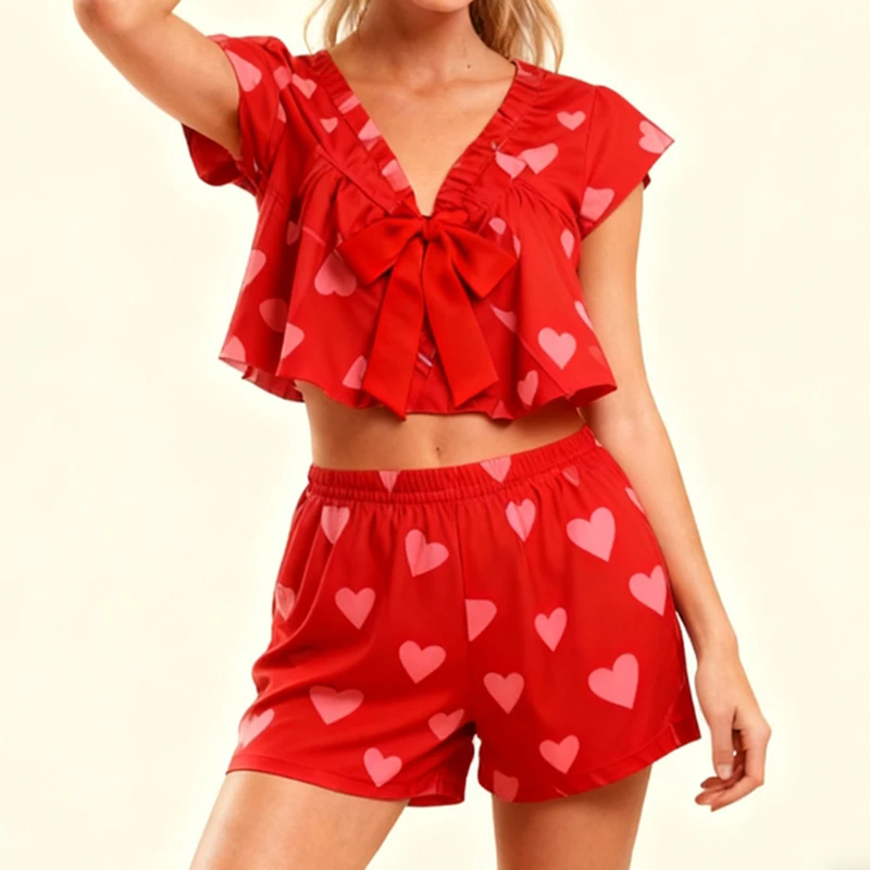 

Women Pajamas Sets Heart Print Satin Silk 2 Piece Cap Sleeve Crop Top with Elastic Waist Shorts Loungewear Valentine's Day