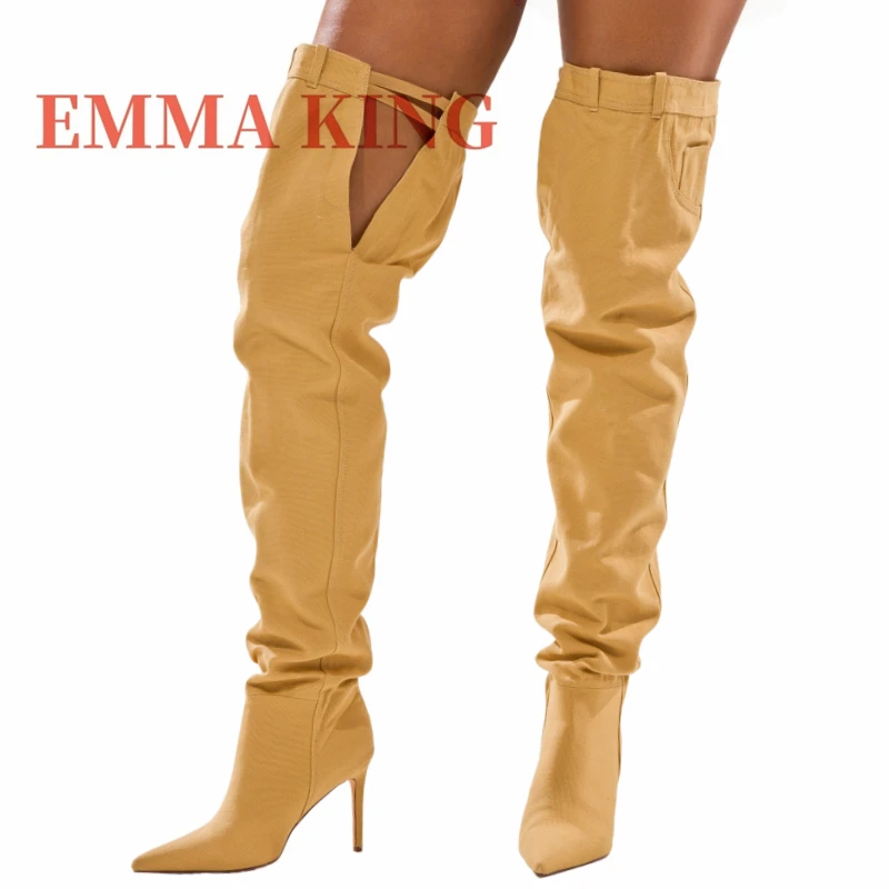Khaki-colored Canvas Over-The-Knee Women Boots Pointed Toe Stiletto High Heel Thigh-high Boots Pocket Detail Fashion Knight Boot