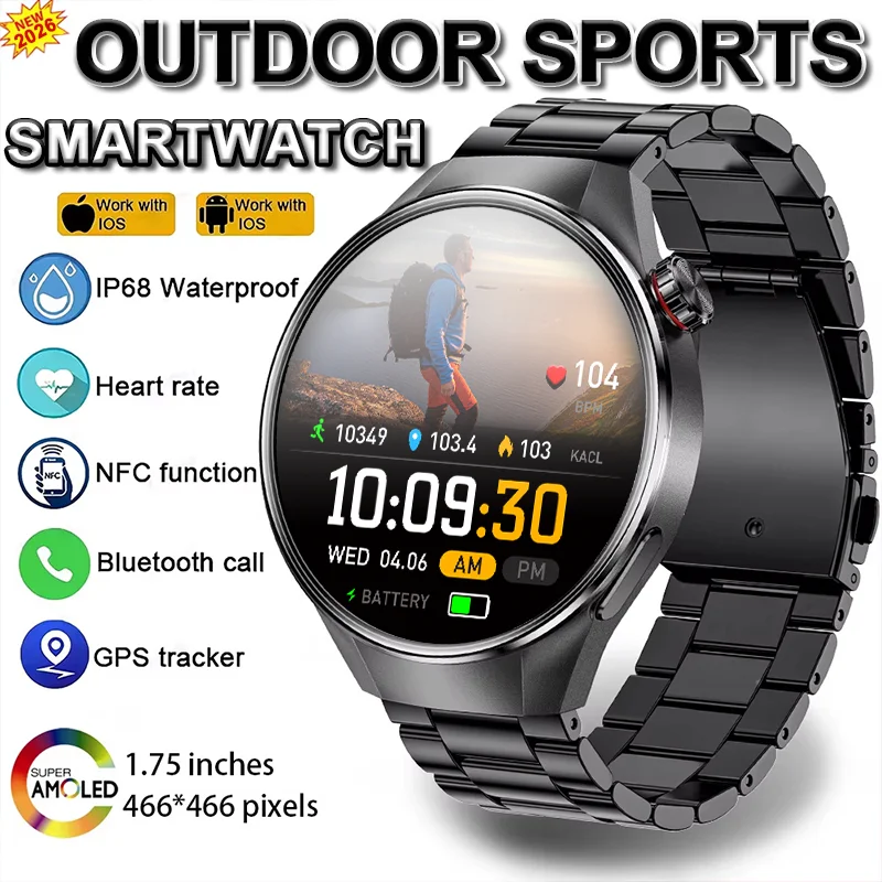 

Новинка 2025 года, 1,75-дюймовый AMOLED-экран, пульсометр, 400 мАч, аккумулятор, компас, GPS, траектория движения для мужчин и женщин, умные часы для спорта на открытом воздухе