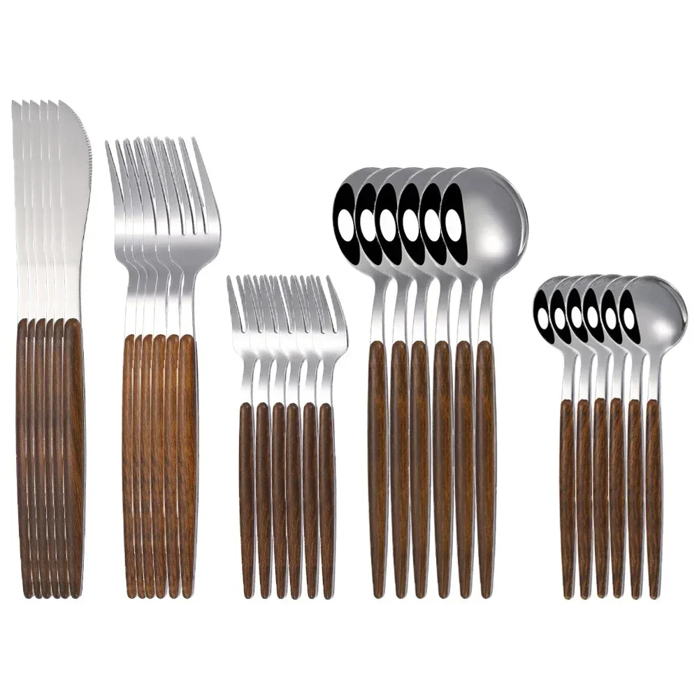30Pcs Stainless Steel Imitation Wooden Handle Dinnerware Knife Coffee Spoon Fork Cutlery Set Tableware Silverware dining table