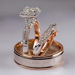Charm Couple Rings Men Stainless Steel Rhinestones Zircon Women Wedding Band Set Valentine Day Jewelry