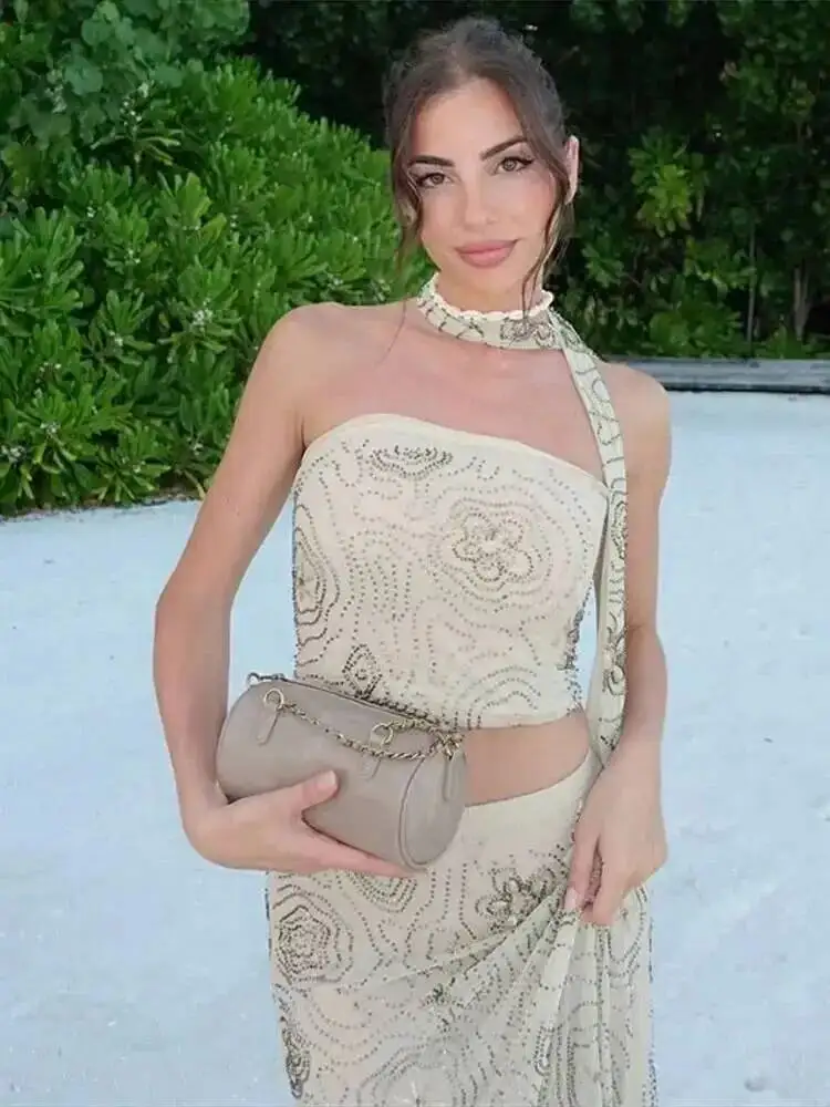 2025 elegante feminino frisado halter saia superior conjunto sexy sem mangas impresso 2 peças de cintura alta saia longa praia festa clube xk9w