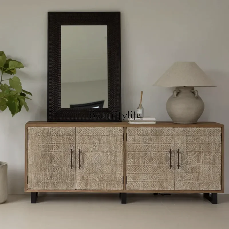 

ls 04Medieval retro solid wood dining side cabinet American retro carving Nordic simple old dining side cabinet