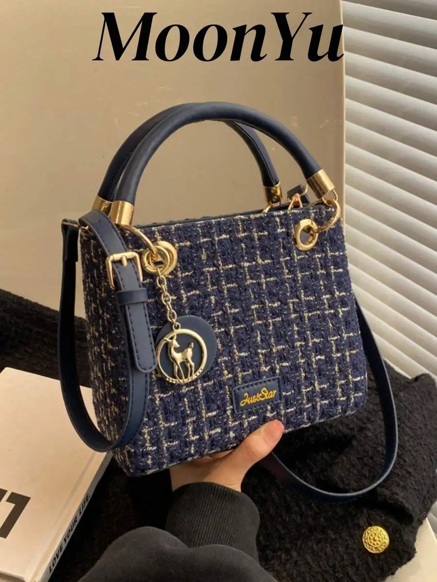 

Navy Blue Tweed Top-Handle Bag with Gold Deer Charm and Adjustable Strap