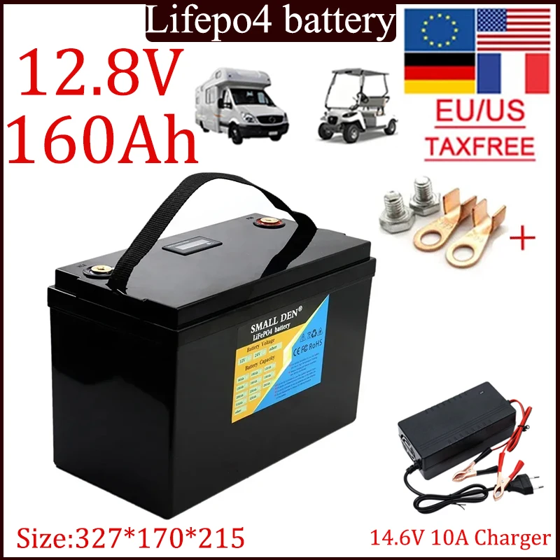 New 12V 160Ah Lifepo4 battery pack built-in BMS High power 1500W motor Electric Home Inverter Solar Light+14.6V 10A charger