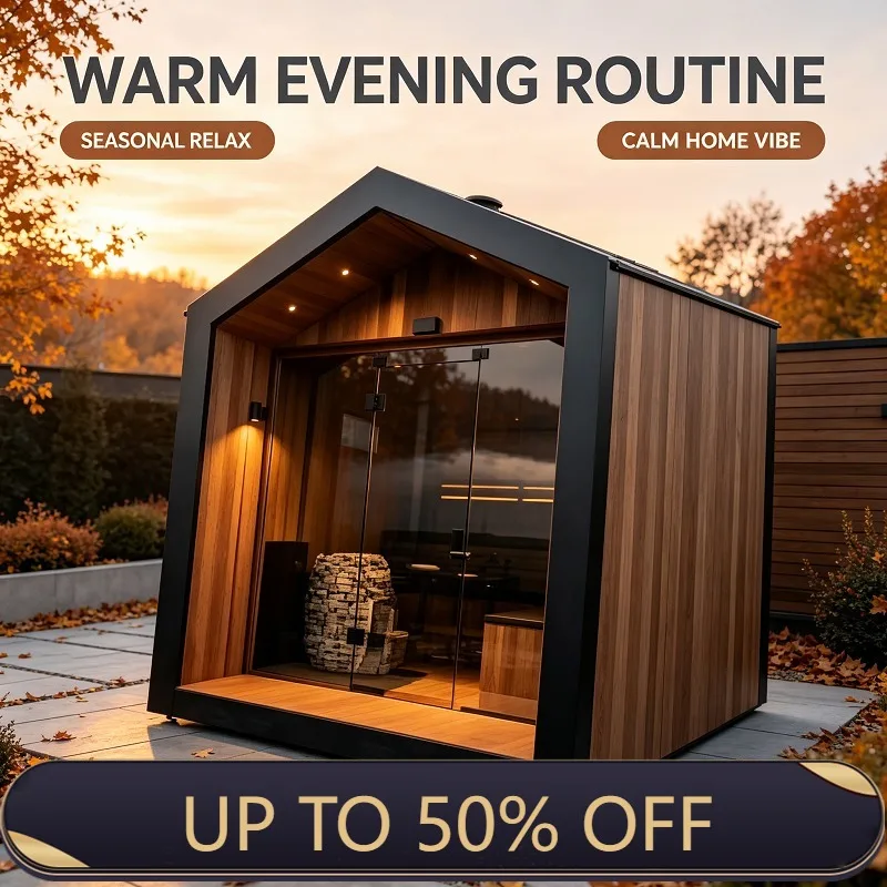 Outdoor Gable Sauna Cabin, Low EMF Far Infrared Solid Wood 4‑6 Person Panoramic Glass for Backyard Villa Garden Wellness Center