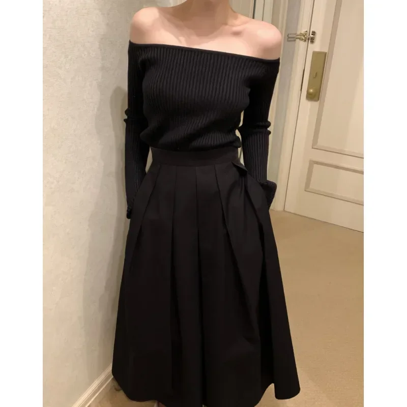 วินเทจอเนกประสงค์เกาหลีคลาสสิกกระโปรงขนาดอัปเดตพับความยาวกลางกระโปรงครึ่งวงกลมสําหรับผู้หญิงแฟชั่นชุดลําลอง