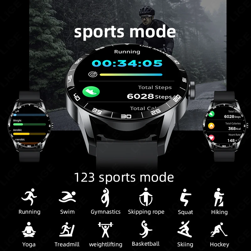 LIGE Smart Watch Chiamata wireless Previsioni meteo Ricarica magnetica Impermeabile Controllo musicale Sport Uomo SmartWatch per Android IOS