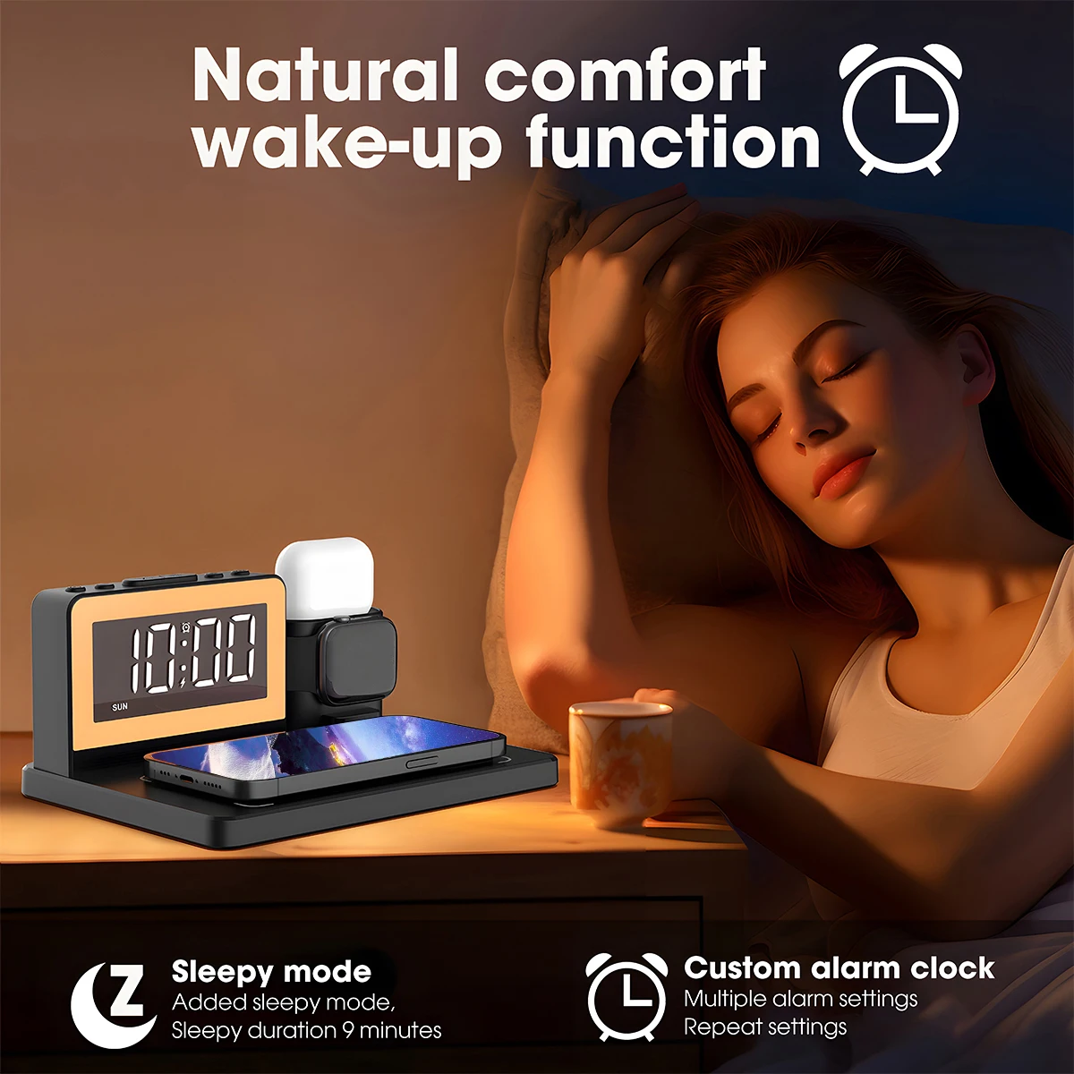 3-in-1 Wireless Charger Multi-function with Night light and Alarm Clock For Apple iPhone Watch Fast Wireless Charging Station