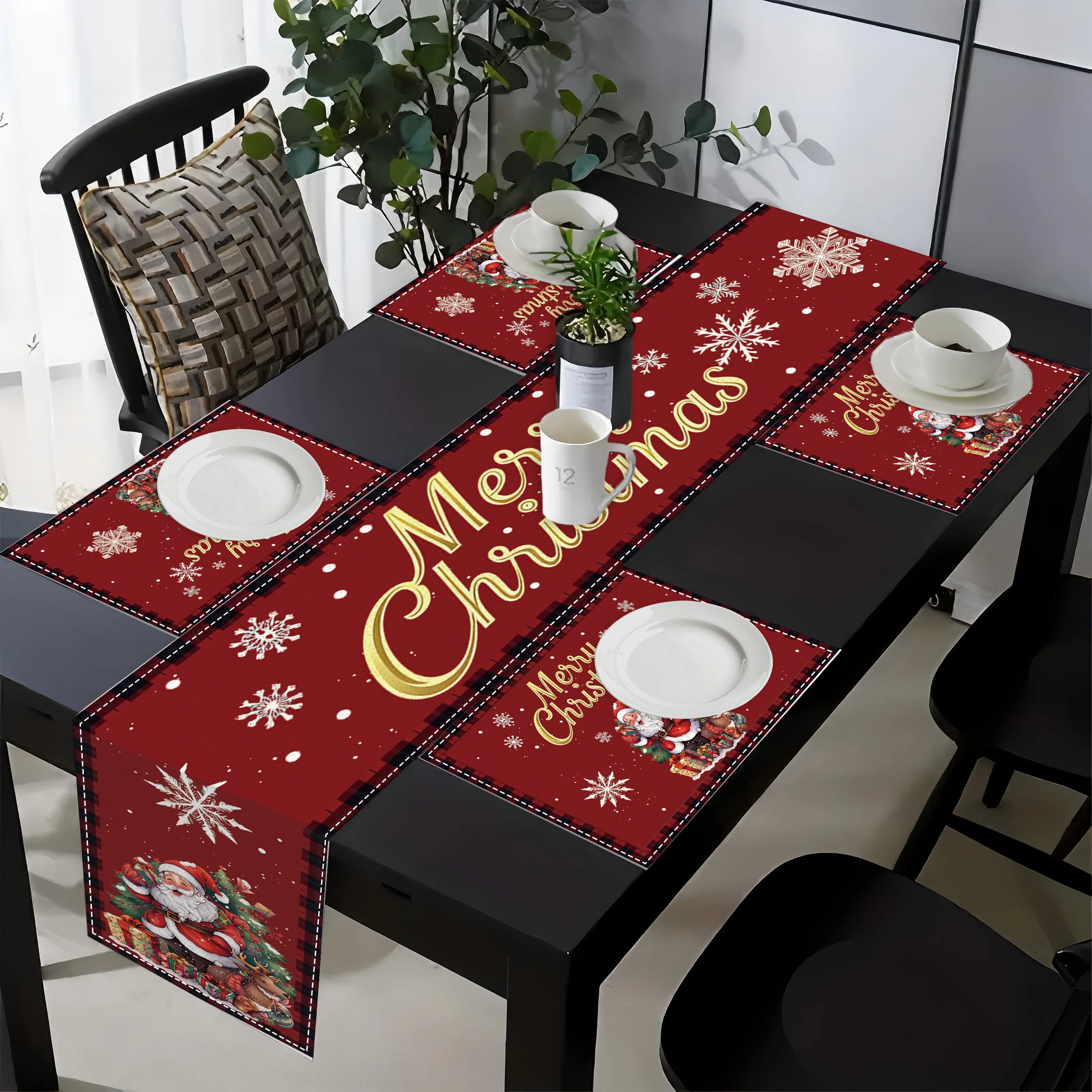 Merry Christmas Santa Claus Linen Table Runner Placemats Table Decor Winter Xmas Tree Deer Table Runners Christmas Decorations