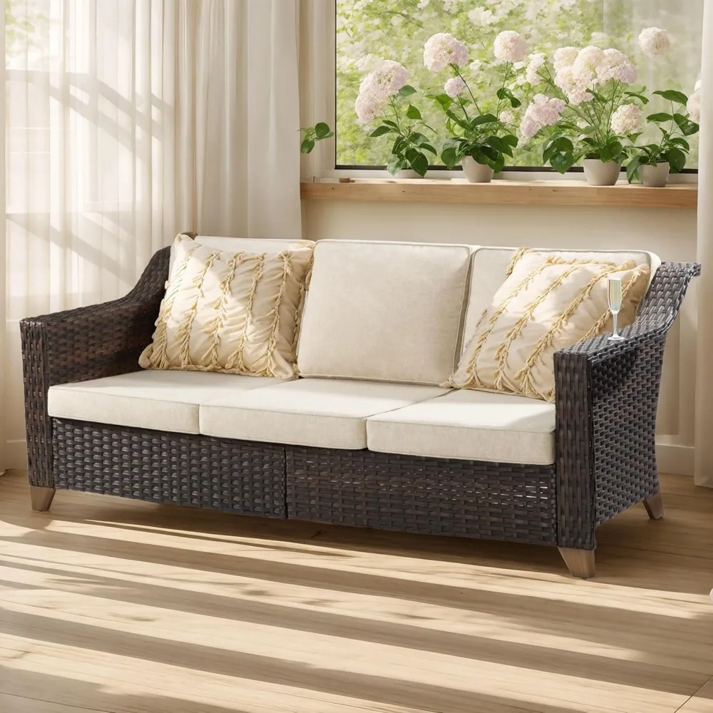

Patio Couch, All Weather Outdoor Couch 3-Seat Sofa with High Back and Premium Cushions for Garden Backyard Porch(Brown/Beige)