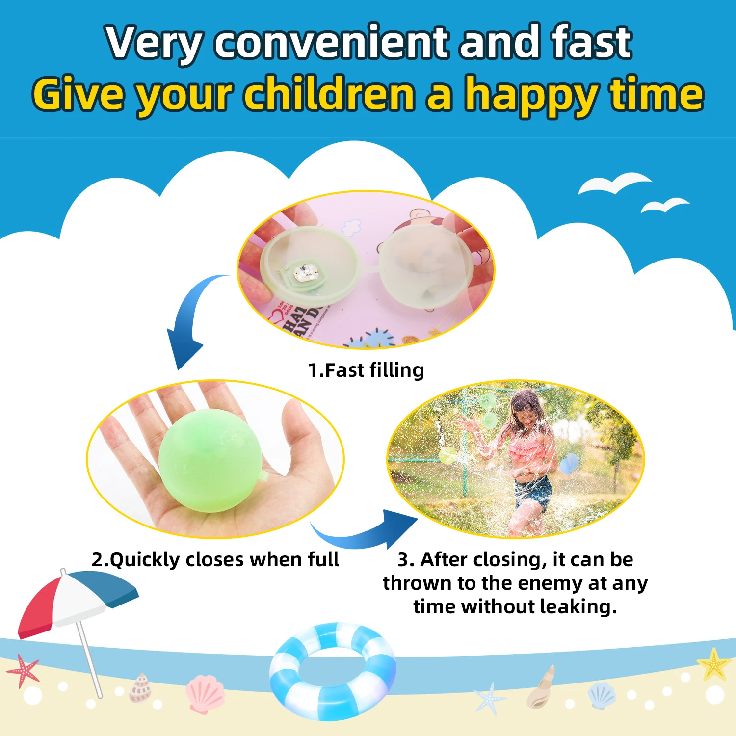 Reusable luminescent silicone buckle water ball, quick water injection for summer swimming pool outdoor toys, with random colors