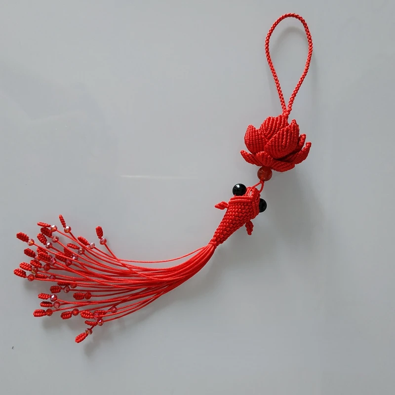 Chinese knotting skill knitting red rope lotus frilled fish pendant with a total length of 30cm