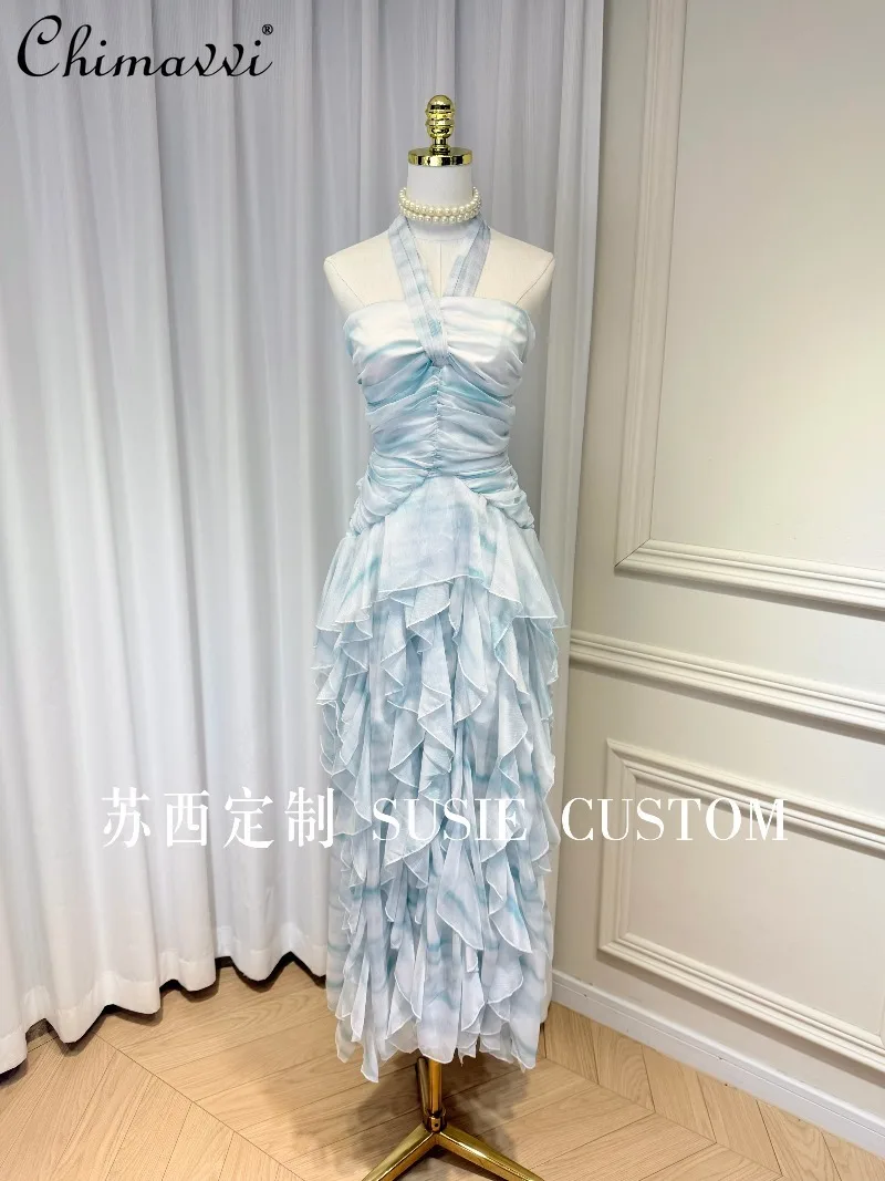 

High-end Fashion Pure Desire Style Smudged Halter Strap Backless Dress Women's Temperament Asymmetrical Ruffles Vacation Dress